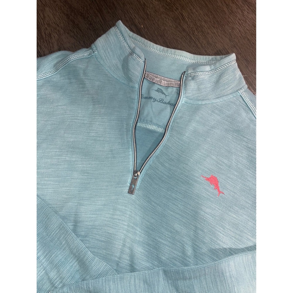 Tommy Bahama Mens Large Blue Quarter Zip Pullover Slub Knit Marlin Logo